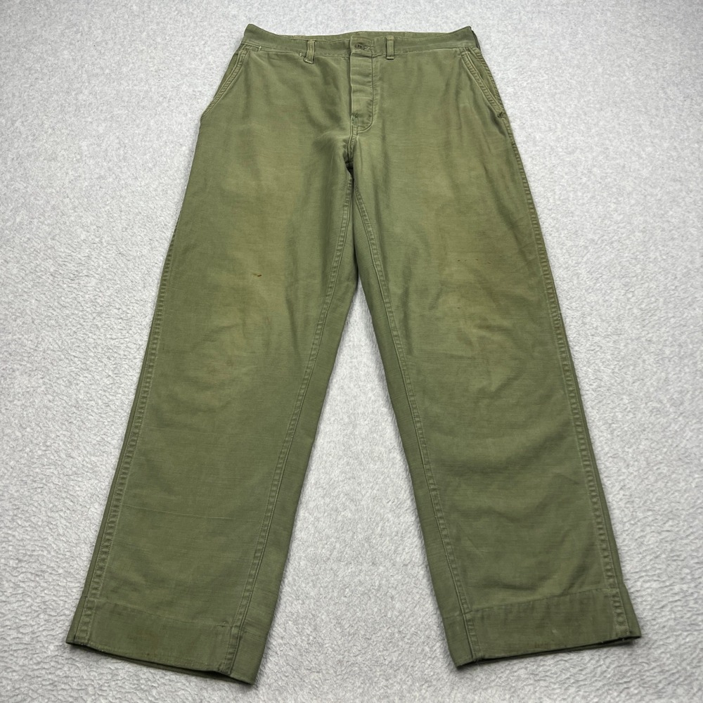 VTG Military P58 P56 Fatigue Pants 31x29 Green Sateen Button Fly USMC Trousers